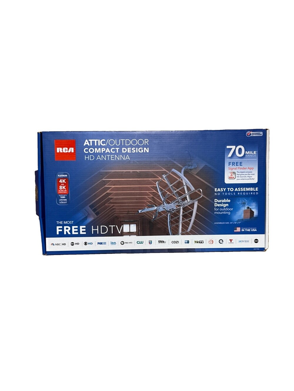 RCA ANT705 Attic Outdoor HD TV Antenna 70 Mile 4K 1080p UHF VHF Amplified NEW